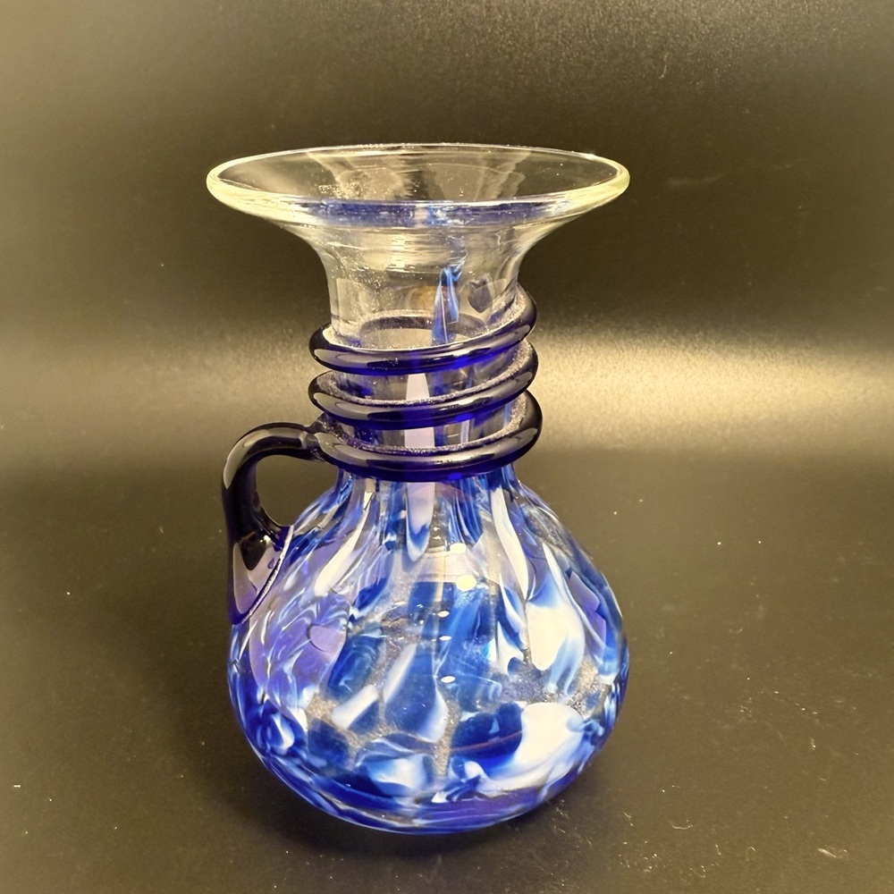 Vintage Blue/White Swirl Art Glass Vase ~Hand Blown~Applied Neck Design & Handle